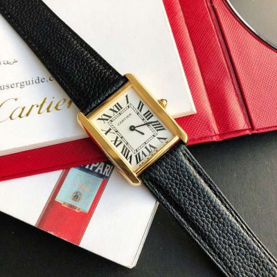 TW Factory Cartier Tank 762 Quartz Movement YG Case Litchi-Patterned Cowhide Leather Strap Watch
